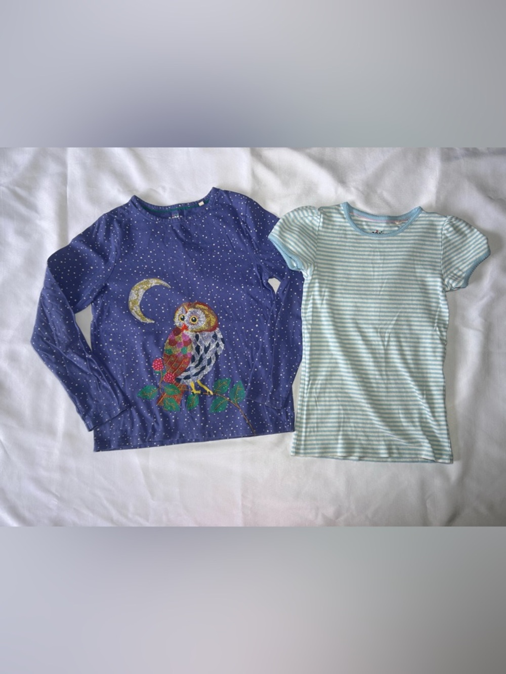 Boden Girls Owl Stitched & Light Blue Stripe 100% Cotton Tops Sz 11-12